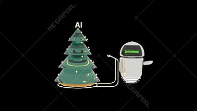 robot carries AI christmas tree left to right and wishes merry christmas on alpha