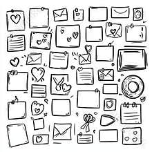 A hand-drawn set of paper stickers, photo frames, and picture borders, all in a doodle sketch style with scribble and