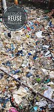 Environmental Disaster: Large Pile of Plastic and Mixed Garbage with Reduce Reuse Recycle Message