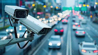 Security cameras monitoring busy city traffic at dusk