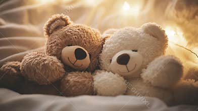 Two cuddling teddy bears in a soft, glowing bedtime setting