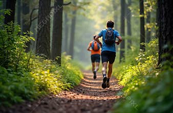 Two trail runners sprint through rich forest path. Active people run in nature. Focus on action. sport. Healthy lifestyle image.