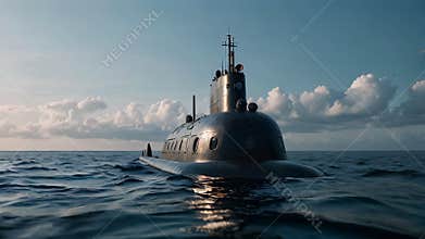 Black submarine is slowly surfacing in the ocean
