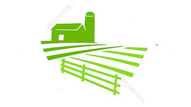 Field with tractor, barn and silo tower, graphic animation. Alpha channel. Colored