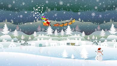 Santa claus and Reindeers with snowman and Festive boxes of Christmas present.