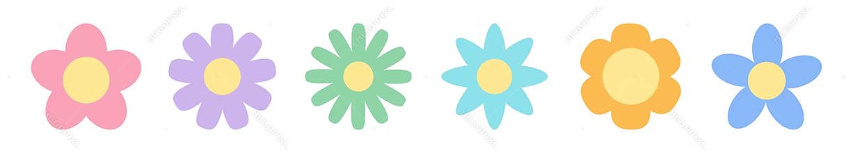 Spring flower set line. Pastel color flowers collection. Daisy chamomile, cornflower, sun flower, chrysanthemum. Fresh and