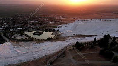 Aerial view of the travertines in Pamukkale, Turkey. White limestone mineral formations.