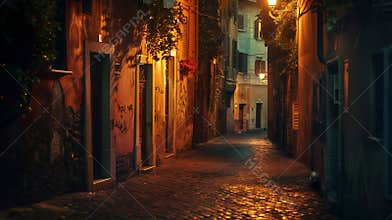 Generative AI Night view of old cozy street in Trastevere in Rome Italy Trastevere is rione of Rome on the west ba