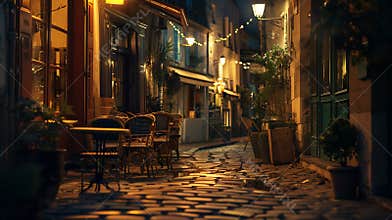 Generative AI Typical night view of cozy street with tables of cafe in quarter Montmartre in Paris France Architec