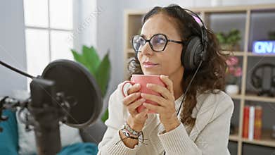 Hispanic woman enjoys coffee while podcasting with microphone in home studio