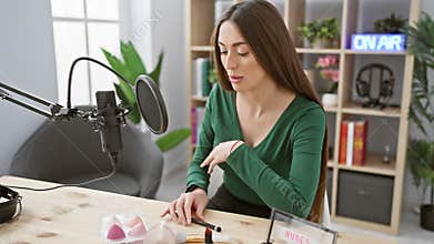 A woman podcasting in a modern radio studio reviews makeup products for an online audience with an \'on air\' sign illuminated