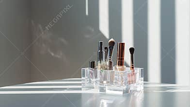 Generative AI Clear acrylic holder in square shape applied for beauty organizer on white table against grey wall b