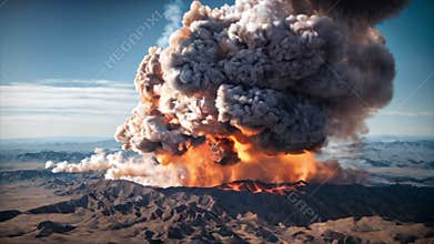 Close up of Vulcan eruption landscape drone aerial view. Eruption of the volcano