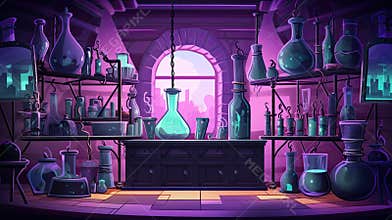 Witch or wizard alchemical laboratory with magic books and potions with mystic glow at night. Futuristic alchemy lab