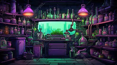 Witch or wizard alchemical laboratory with magic books and potions with mystic glow at night. Futuristic alchemy lab