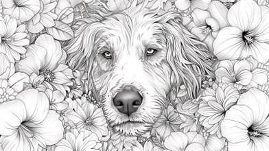 A dog is surrounded by flowers in a coloring book, AI