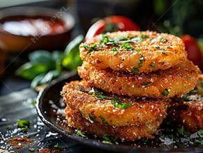Delicious fried green tomatoes photography, explosion flavors, studio lighting, studio background, well-lit, vibrant