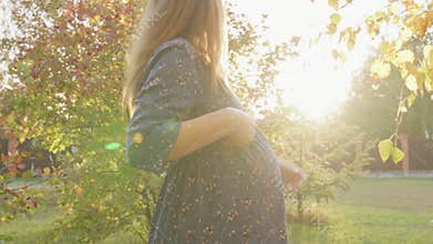 Beautiful pregnant woman having walk in the park