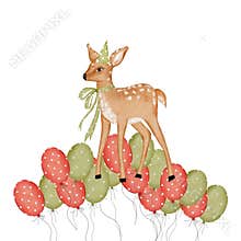 Birthday fawn watercolor. Composition for a greeting card baby deer on gel balloons. Clip art of cartoon baby