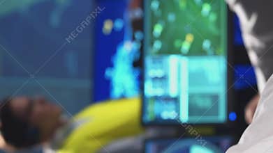 Workplace of the air traffic controllers in the control tower. Team of professional aircraft control officers works