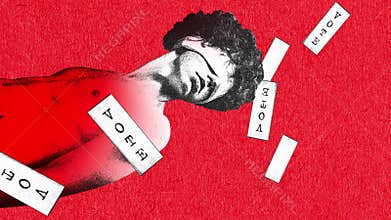 Man with covered eyes and vote words around. Blindly voting for candidate. Stop motion, animation. Election day. Poster