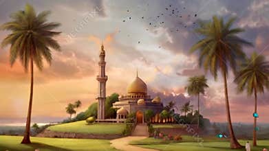 mosque in the afternoon ramadan celebration background illustration.