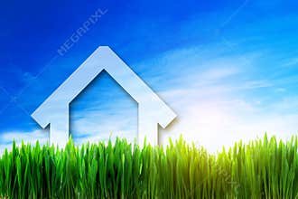 New house perspective on green sunny field