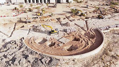 Drone shot flying. Saudi Arabia. Green Riyadh. Desert. Greening of the city. Construction.