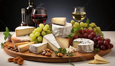 Gourmet French food wine, cheese, bread, and fruit on tray generated by AI