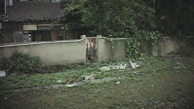 Horizontal pane view of suburban countryside town with Asian style antique