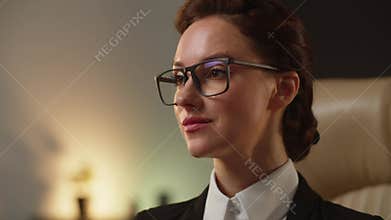 A young recruiter woman listen her applicant interview. Successful business woman in glasses watching salary