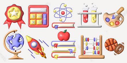 3d education set, symbol for back to school. 3d cartoon minimal illustration