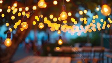 Generative AI blurred bokeh light with yellow string lights decor in beach restaurant at dusk of summer background