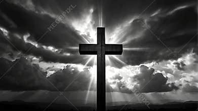 Big cross under dramatic sky, representing the crucifixion and resurrection of Jesus. Religion and faith concept