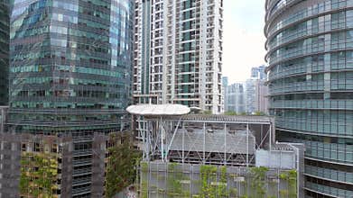 Financial district Kuala Lumpur Skyscraper. Great aerial top view flight drone