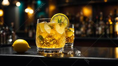 Yellow cocktail with lemon in glass with ice on bar counter