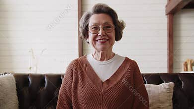 An elderly lady makes a video call. A gray-haired woman on a couch. Pensioners and modern technology.