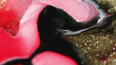 Paint spill ink mix red black golden fluid flow