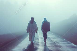 Jesus Christ Walking side by side with a young traveler