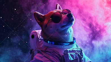 Cute space shiba inu dog dressed in astronaut suit sunglasses in Magical Galaxy Star. AI Generative