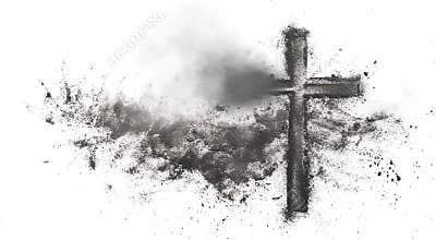 Ashes cross on white background. Funeral, cremation, liturgy, religious ceremony concept
