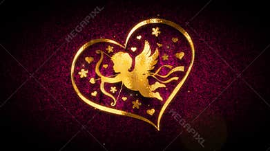 Flying Valentines Love Angel Cupid Heart Gold On Red Shiny Grainy Texture
