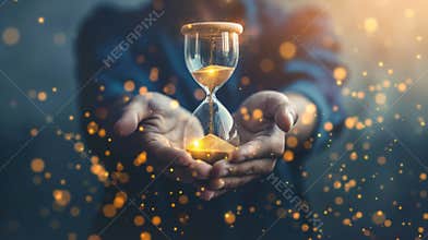 Hands holding glowing hourglass amidst sparkling lights symbolizing passage of time and fleeting moments. Magical and
