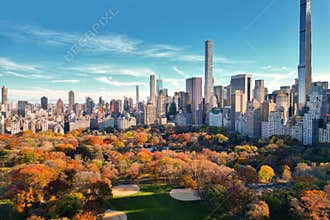 New York City Central Park. Top view with Autumn tree. Autumn Central Park view from drone. Aerial of NY City, panorama