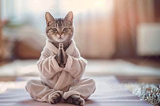 Tabby cat in a meditation pose wearing a robe in a peaceful setting