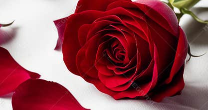 For a romantic Valentine\'s Day, a red rose is placed on the bed in a room.