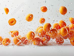Fresh apricot collection on white background. Set of whole, half apricot and apricot slices with leaf.