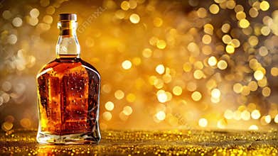 Scotch whiskey or brandy bottle, alcohol drink isolated on the table with luxury golden background and copy space
