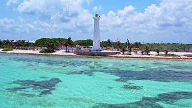 drone footage of faro de mahahual lighthouse in costa maya mexico