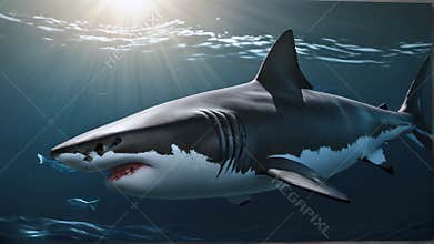 A great white shark under water ocean, sea